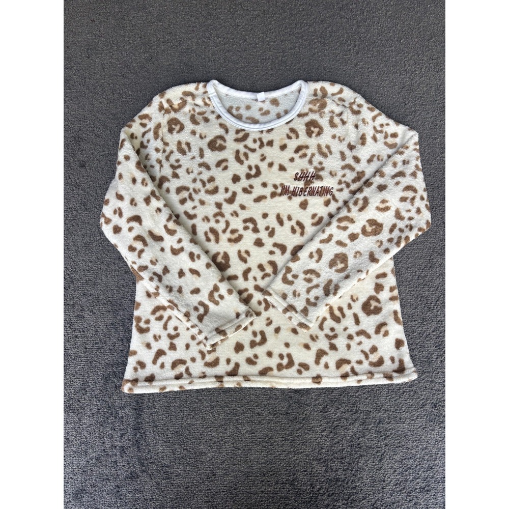 Bronzini pajama top Women's Medium Cream Leopard Printed Crew Neck Long Sleeve